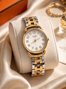Hermès Pullman Watch Two Tone Gold Steel White Dial H Link Bracelet Box Swiss